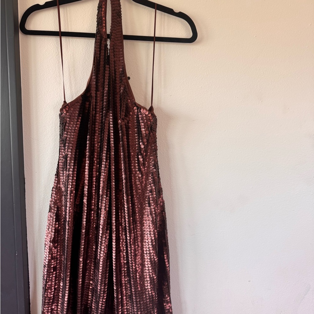 Express Sequin Halter Dress in Brown and Pink